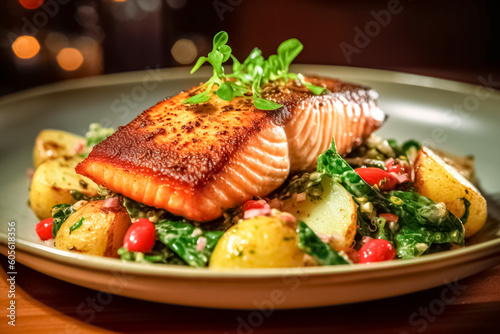 Seared salmon steak with fried potatoes and fresh vegetable salad on wooden table. 