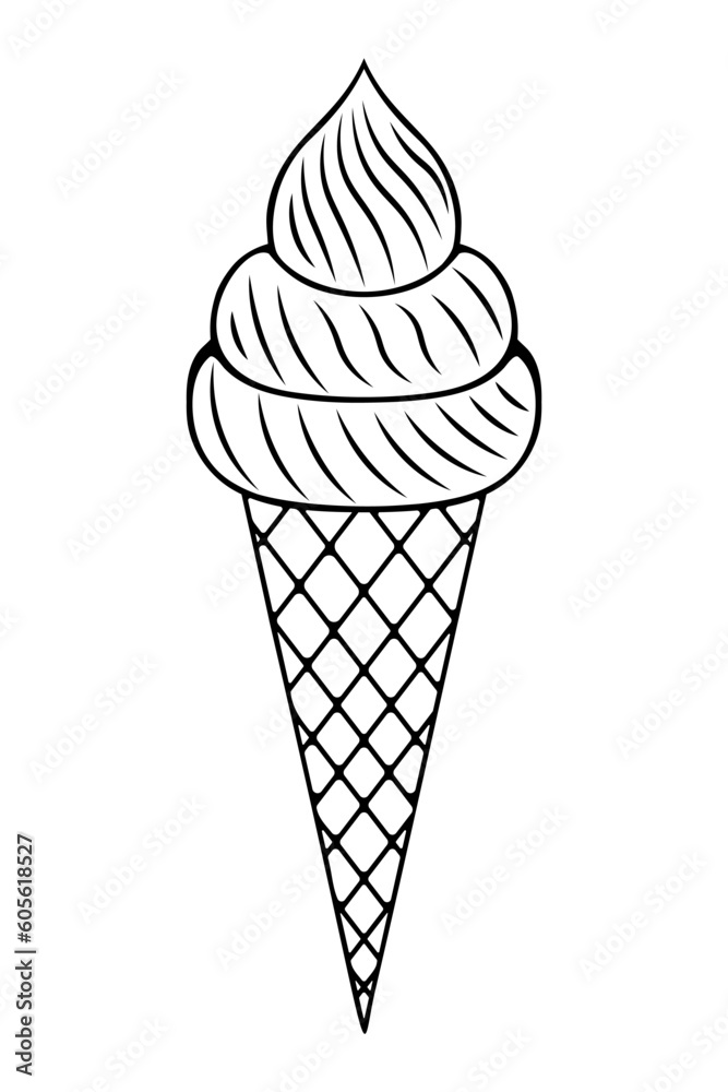 Ice cream in a cone-shaped waffle cone. Sketch. Refreshing dessert with several layers. Vector illustration. Outline on isolated background. Doodle style. Sweet popsicle. Idea for menu, web design. Ice cream in a cone-shaped waffle cone. Sketch. Refreshing dessert with several layers. Vector illustration. Outline on isolated background. Doodle style. Sweet popsicle. Idea for menu, web design.