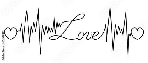 Love. The text is embellished with pulses and hearts. Sketch. Vector illustration. Broken zigzag line and romantic lettering in italics. Outline on isolated background. Idea for web design, invitation