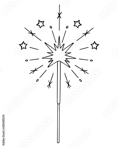 Burning sparkler. From a lit fire, sparks scatter in the form of stars. Sketch. Pyrotechnics. Vector illustration. Outline on isolated background. Doodle style. Coloring book for children. 