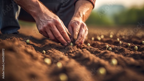Close-up farmer planting seeds in the ground in the field. Blurred background. Generative ai