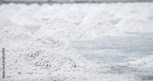 Sea salt farm. Pile of brine salt. Raw material of salt industrial. Sodium Chloride mineral. Evaporation and crystallization of sea water. White salt harvesting. Agriculture industry. Traditional farm
