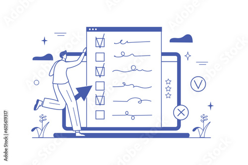 Concept online survey with people scene in the flat cartoon design. A guy takes an interesting online survey. Vector illustration.
