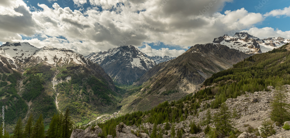 View of La Blanche and Mont Pelvoux from the climb to the Vallouise pass in the Ecrins massif.