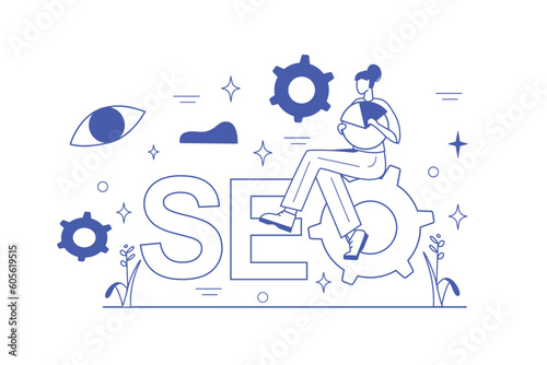 Concept SEO optimization with people scene in the flat cartoon design. A specialist in optimization gets acquainted with the diagrams that were given to her for work. Vector illustration.