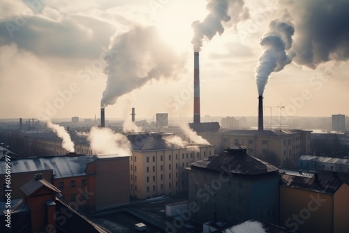 factory chimneys, releasing smoke into air, in polluted urban landscape, created with generative ai