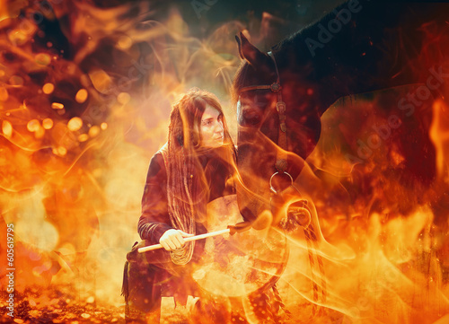 Shaman woman with her horse and shamanic frame drum. Fire background