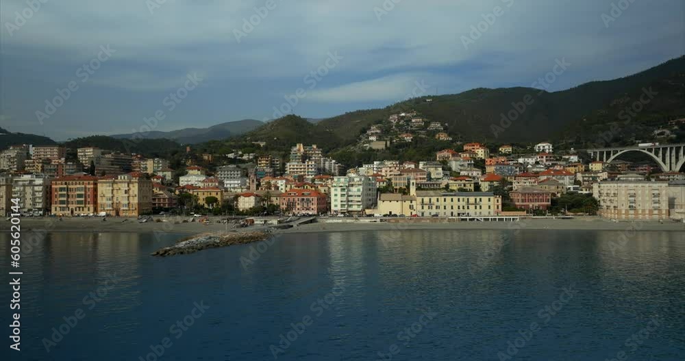 Varazze city and beach in Liguria region, Italy. Aerial sideways and space for copy Varazze city and beach in Liguria region, Italy. Aerial sideways and space for copy