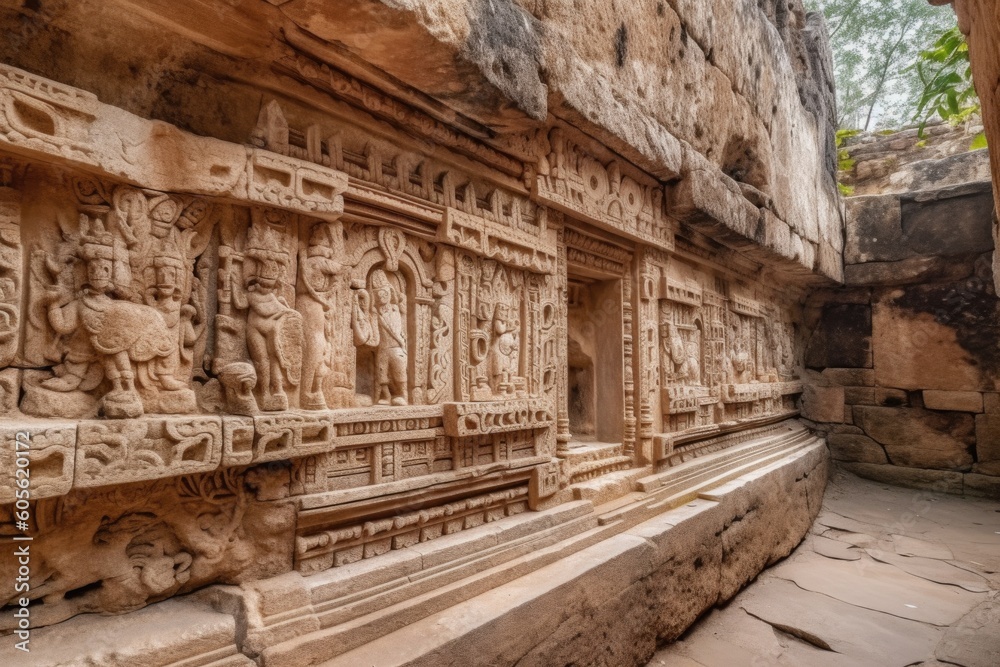 intricate and beautiful carvings on stone walls in ancient ruin, created with generative ai