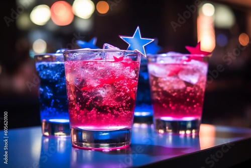 American flag-themed cocktails on a bar counter, Independence Day, bokeh Generative AI