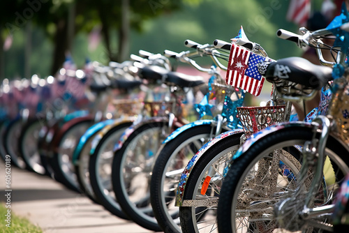 Decorated bicycles lined up for a Fourth of July parade, Independence Day, bokeh Generative AI