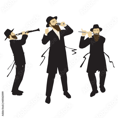 A painting of a singer and flute and clarinet players Hasidic Jewish Orthodox observant, singing and dancing. Dressed in a coat, a black suit and a hat. with a sash.
Colorful vector. isolated. 