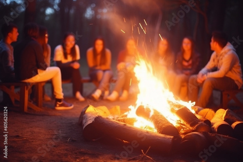 Group of people gathered around a campfire, telling stories, Independence Day, bokeh Generative AI