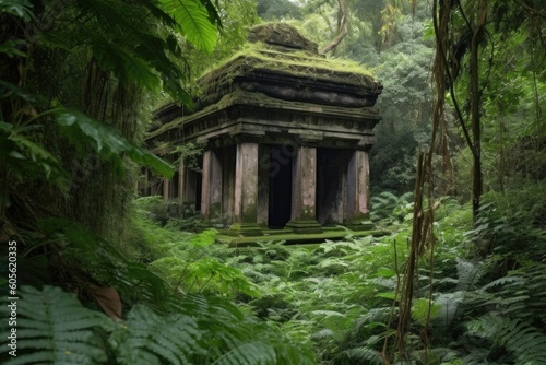 ancient temple surrounded by lush vegetation  with birdsong in the background  created with generative ai