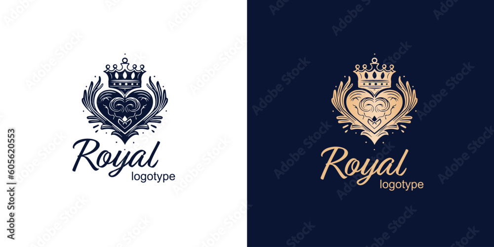 Crown Luxury Concept Logo Design Template on blue and white background. Logotype vector sign.