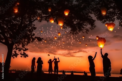 Silhouette of people launching Chinese lanterns into the night sky  Independence Day  bokeh Generative AI