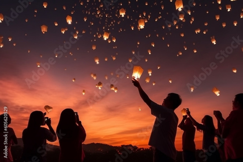 Silhouette of people launching Chinese lanterns into the night sky, Independence Day, bokeh Generative AI