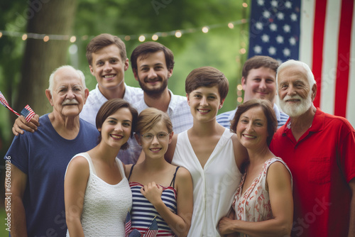 Family reunion with generations posing for a group photo, Independence Day, bokeh Generative AI photo