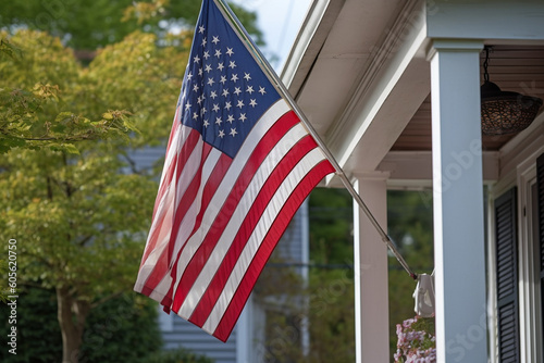 American flag hanging proudly on a front porch, American Flag, Independence Day Generative AI
