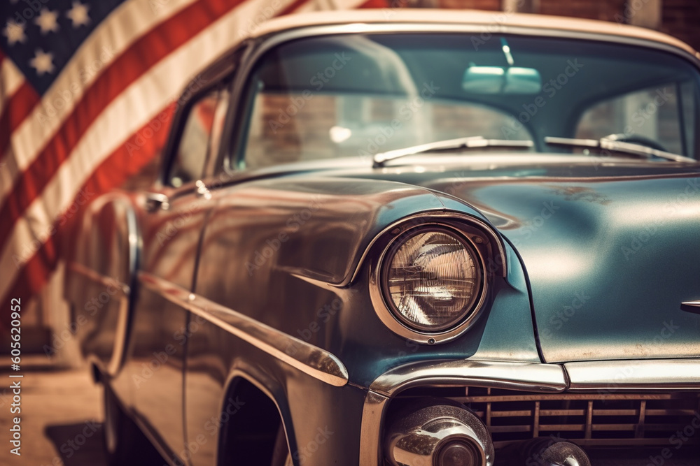 American flag draped over a vintage car, American Flag, Independence Day Generative AI
