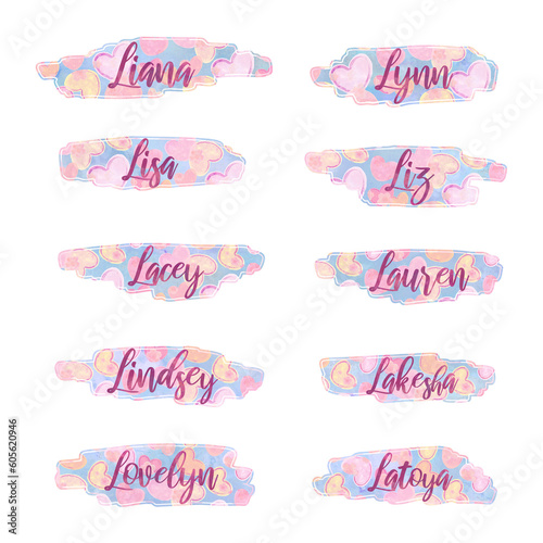 baby girl names that start with letter L, stickers, USA, labels with heart pattern background, isolated, extracted, png file