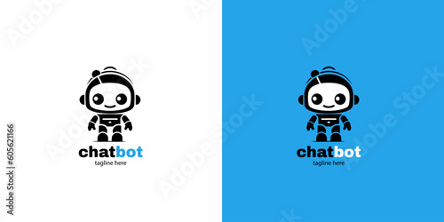 Robot chatbot head icon sign  design vector illustration  on white and blue background. Cute AI bot helper mascot character concept symbol business assistant.