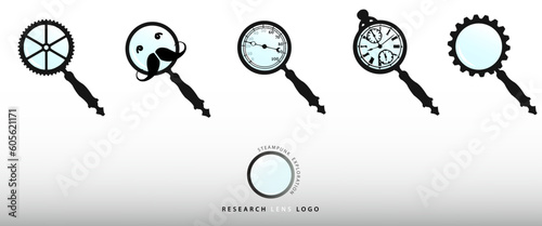 Magnifying glass icon set. Technological symbol steampunk style. Flat graphic design, silhouette, logos or button for applications and websites. Virtual search and exploration concept.