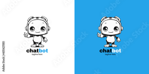Robot chatbot head icon sign  design vector illustration  on white and blue background. Cute AI bot helper mascot character concept symbol business assistant.