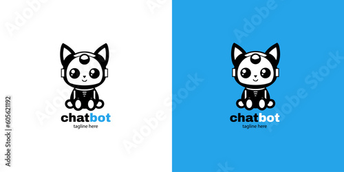 Robot cat chatbot head icon sign  design vector illustration  on white and blue background. Cute AI bot helper mascot character concept symbol business 