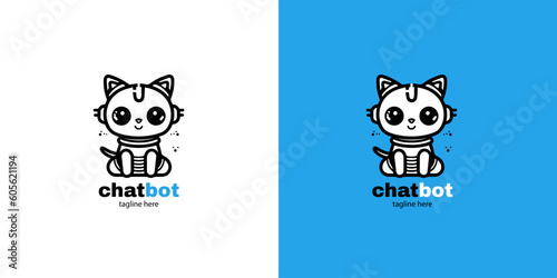 Robot cat chatbot head icon sign  design vector illustration  on white and blue background. Cute AI bot helper mascot character concept symbol business 