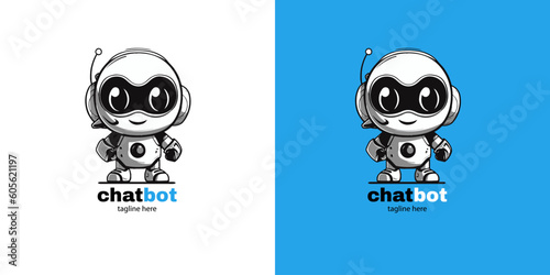 Robot chatbot head icon sign  design vector illustration  on white and blue background. Cute AI bot helper mascot character concept symbol business assistant.