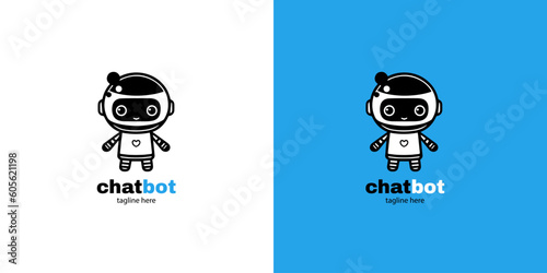 Robot chatbot head icon sign  design vector illustration  on white and blue background. Cute AI bot helper mascot character concept symbol business assistant.