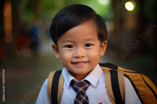 Child in a uniform shirt, joyful and optimistic, academicism, soft focus, selective focus. A little young asian boy with a backpack smiling. Back to school. AI Generative