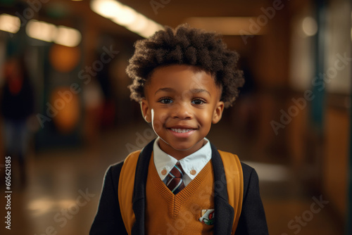 Smiling child in a uniform shirt, joyful and optimistic, academicism, soft focus, selective focus. A little young black african boy with a backpack. Back to school. AI Generative