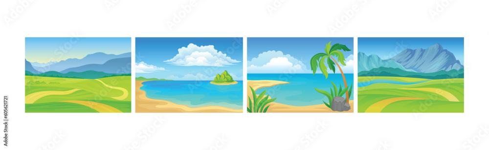 Landscape Panorama View with Green Field and Sea Shore Vector Set