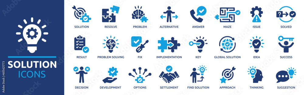 Solution icon set. Containing problem-solving, alternative, resolve, answer, maze, issue and success icons. Solid icon collection. Vector illustration.