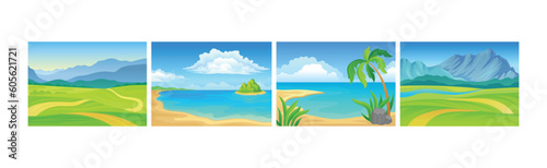 Landscape Panorama View with Green Field and Sea Shore Vector Set