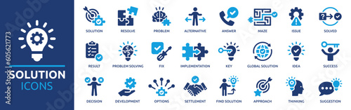 Solution icon set. Containing problem-solving, alternative, resolve, answer, maze, issue and success icons. Solid icon collection. Vector illustration.