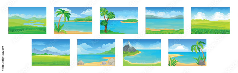 Landscape Panorama View with Green Field and Sea Shore Vector Set