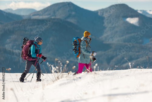 Tourists travel together in the mountains in winter. two girls snow-capped mountains.