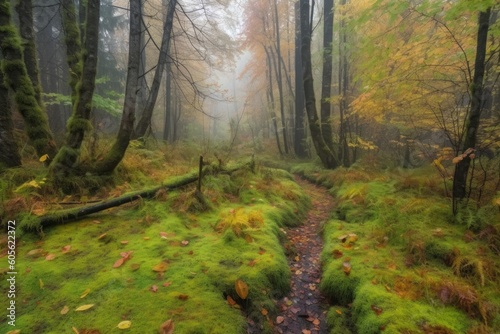autumn forest hike through mossy and misty forest, with colorful foliage on the ground, created with generative ai