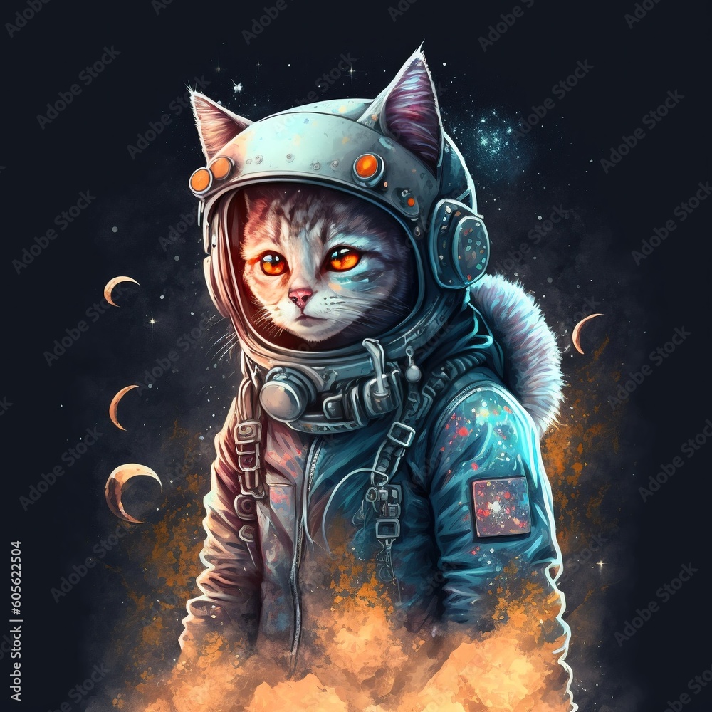 Fototapeta illustration of an astronaut cat in flying saucer or spaceship psychedelic art , cute cat illustration , sci fi cat, cute