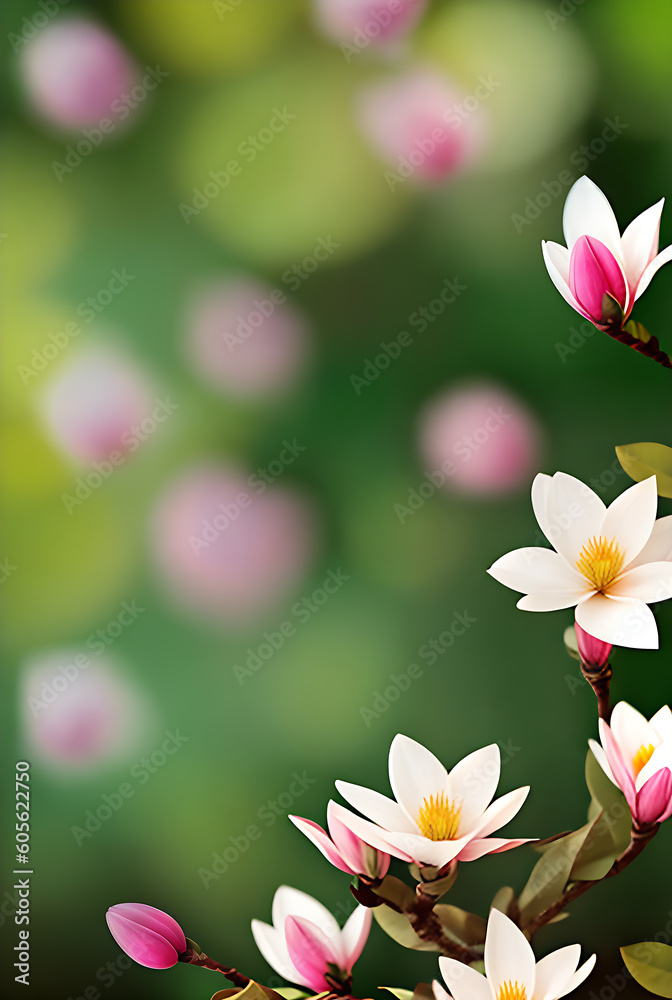 Fototapeta premium Magnolia: Bokeh backdrop flat Kodachrome text space.
