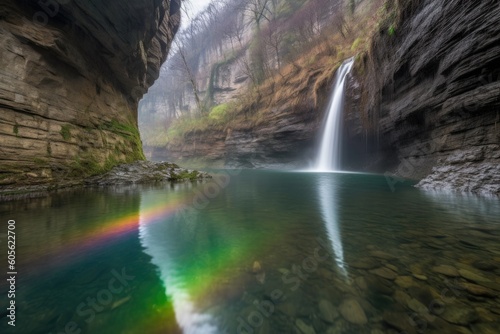 majestic waterfall with rainbow reflection in a deep gorge  created with generative ai