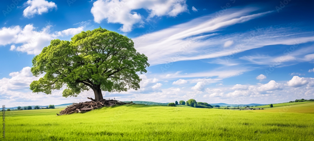 A serene green summer meadow, adorned with vibrant flowers, embraces an ancient oak tree, painting a picturesque atmospheric landscape. Ai-genereted A serene green summer meadow, adorned with vibrant flowers, embraces an ancient oak tree, painting a picturesque atmospheric landscape. Ai-genereted
