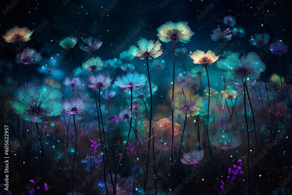 Abstract fantasy space plants and glowing flowers. Extraterrestrial galaxy background with unusual magical nature, game or fairy tale beautiful scene. Deep space stars AI Illustration for wallpaper. Abstract fantasy space plants and glowing flowers. Extraterrestrial galaxy background with unusual magical nature, game or fairy tale beautiful scene. Deep space stars AI Illustration for wallpaper.