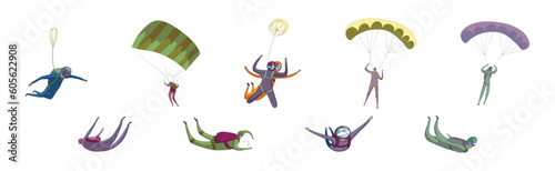 Paratroopers or Parachutist Free-falling and Descenting with Parachutes Vector Set