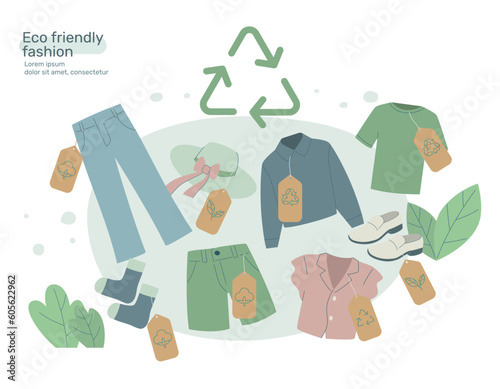 Eco friendly clothing sustainable, Recycling textile, Organic cotton fabric, Recycle and environmental care concept on fashion. Vector design illustration.