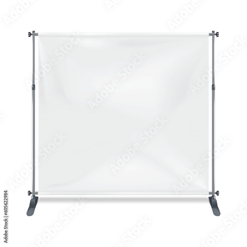 White blank folding square advertising banner on metal frame realistic vector mockup. Empty portable floor backdrop display stand mock-up. Template for design