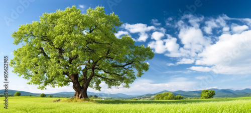 A serene green summer meadow  adorned with vibrant flowers  embraces an ancient oak tree  painting a picturesque atmospheric landscape. Ai-genereted